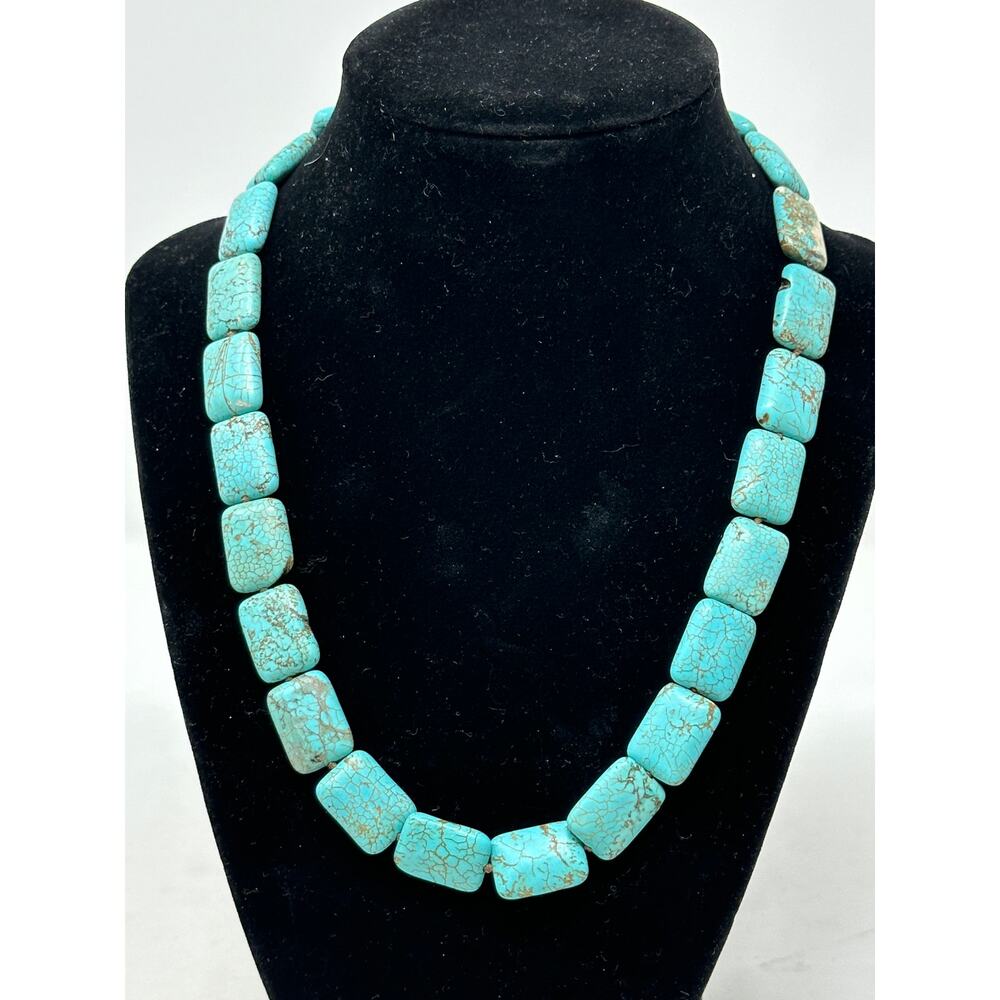 Vintage Flat Slab Turquoise Necklace Magnetic Clasp 18" - Picture 2 of 7